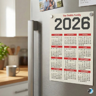 Carte Magnétique Bold Red Black Custom Family Name 2026 Caledar