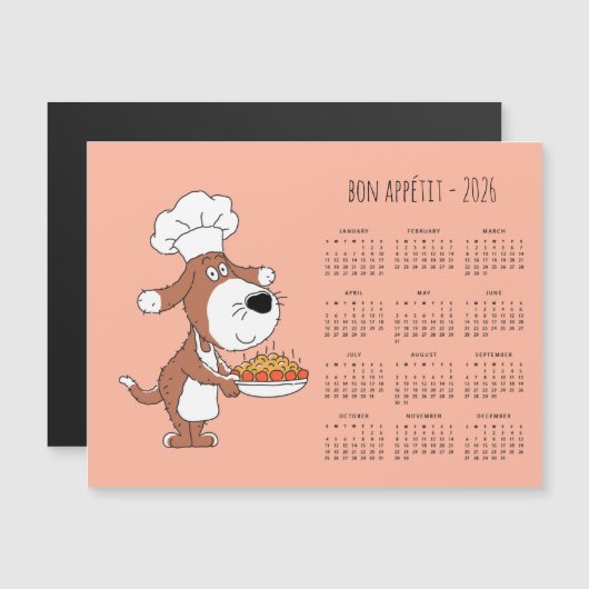 Carte Magnétique Bon Appétit Cartoon Chef Cook Dog Calendar 2026 (Devant / Derrière)