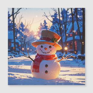 Carte Magnétique Bonhomme de neige crépusculaire dans la rue festiv