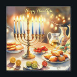 Carte Magnétique Bonne Hanoukka<br><div class="desc">Illustration de l'aquarelle Hanoukka. Une table joliment aménagée pour une célébration festive,  avec un menorah traditionnel aux bougies éclairées. Une lumière douce et chaleureuse,  tandis que les décorations de vacances apportent une touche de gaieté. Lumières chaudes créant une atmosphère confortable et accueillante.</div>