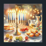 Carte Magnétique Bonne Hanoukka<br><div class="desc">Illustration de l'aquarelle Hanoukka. Une table joliment aménagée pour une célébration festive,  avec un menorah traditionnel aux bougies éclairées. Une lumière douce et chaleureuse,  tandis que les décorations de vacances apportent une touche de gaieté. Lumières chaudes créant une atmosphère confortable et accueillante.</div>