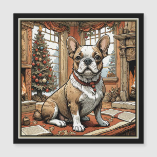 Carte Magnétique Bouledogue français près d'un sapin de Noël