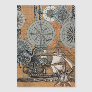 Carte Magnétique Boussole Rose Vintage Nautique Octopus Ship