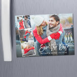 Carte Magnétique Brosse Moderne Script 4 Photo Magnétique Enregistr<br><div class="desc">Script De Brosse Moderne Enregistrer La Date Fiançailles Couple 4 Photo Magnet Card - Script Blanc</div>