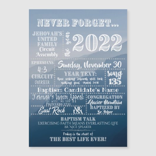 Carte Magnétique Cadeau Baptême JW personnalisable - Circuit Assemb (Devant)