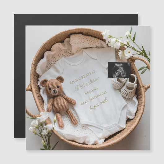 Carte Magnétique Cadeau d'annonce de grossesse pour la révélation d (Devant / Derrière)