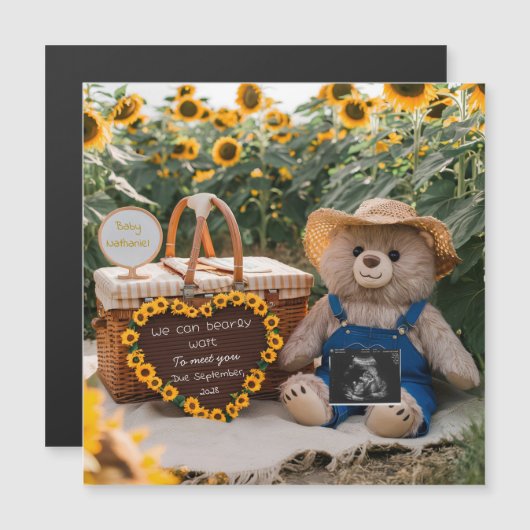 Carte Magnétique Cadeau d'ours en peluche tournesol pour annonce de (Devant / Derrière)