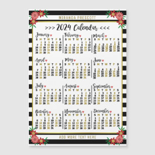 Carte Magnétique Calendrier 2024 Année Bande noire Nom floral Magne