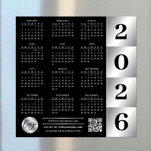 Carte Magnétique Calendrier 2026 Business Logo QR Code Black & Silv