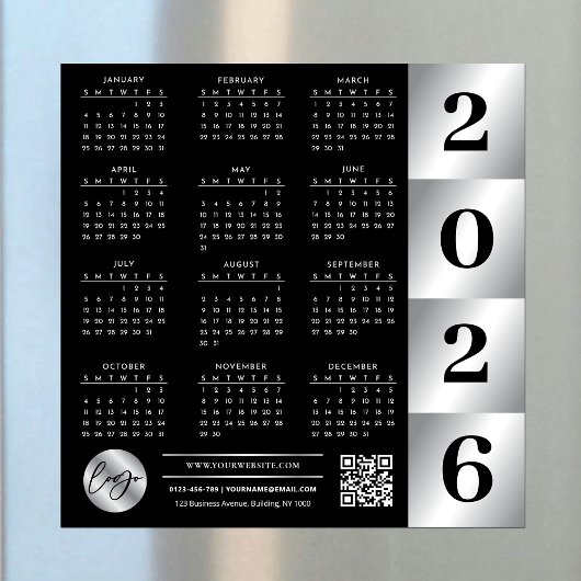 Carte Magnétique Calendrier 2026 Business Logo QR Code Black & Silv