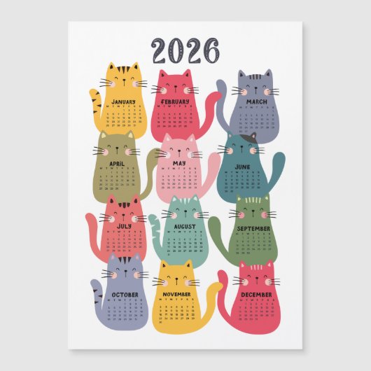 Carte Magnétique Calendrier 2026 Chats colorés (Devant)