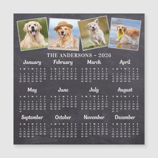 Carte Magnétique Calendrier 2026 Custom 4 Photo Rustic Chalkboard (Devant)