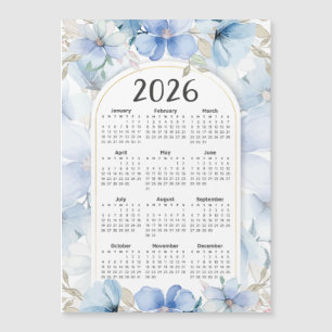 Carte Magnétique Calendrier 2026 Elégant Jardin Floral Bleu