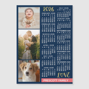 Carte Magnétique Calendrier 2026 Navy Corail Or Collage Photo Aiman