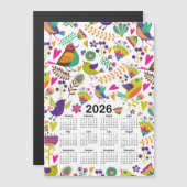 Carte Magnétique Calendrier 2026 Oiseaux et fleurs roses et violett (Devant / Derrière)