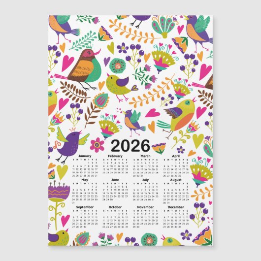 Carte Magnétique Calendrier 2026 Oiseaux et fleurs roses et violett (Devant)