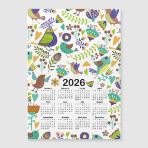 Carte Magnétique Calendrier 2026 Oiseaux et fleurs verts et bleus