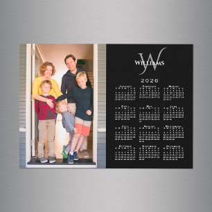 Carte Magnétique Calendrier 2026 Photo Monogramme Nom Aimant Noir