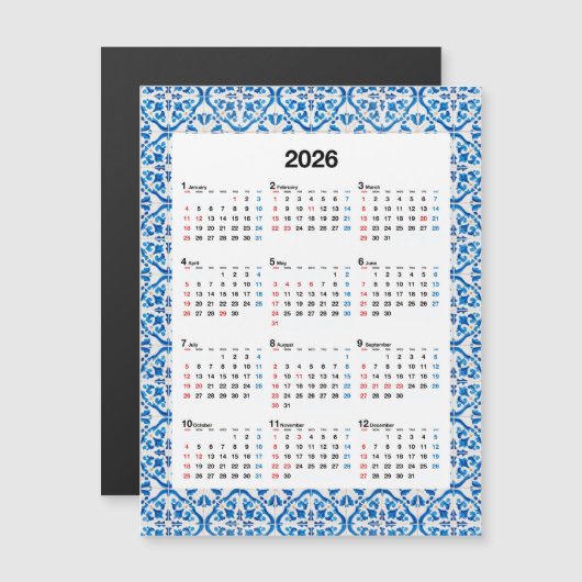 Carte Magnétique Calendrier 2026 - Unique annuel Azulejo (Devant / Derrière)