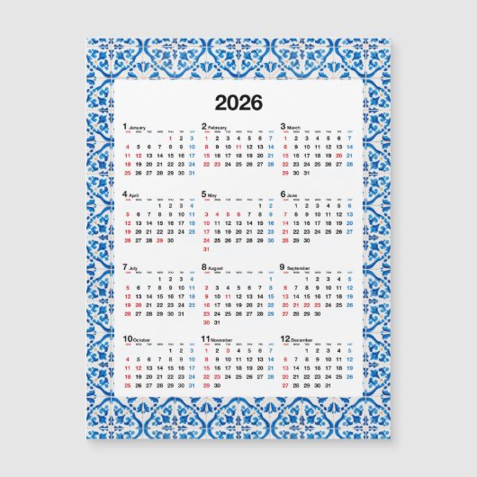 Carte Magnétique Calendrier 2026 - Unique annuel Azulejo (Devant)