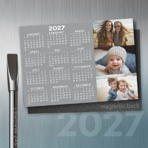 Carte Magnétique Calendrier 2027 3 Photos Minimal Gris Blanc Aimant