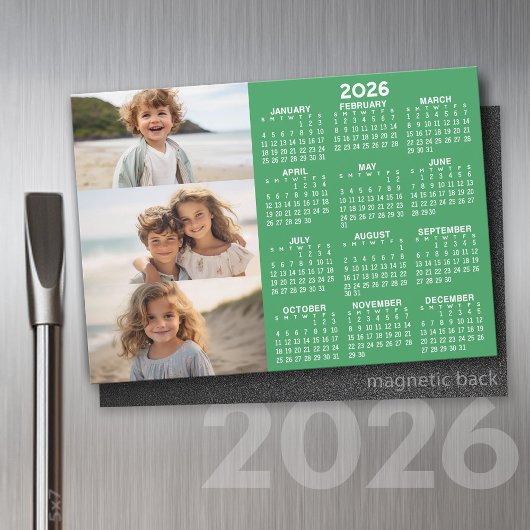 Carte Magnétique Calendrier - 3 Photos - Aimant blanc vert de base
