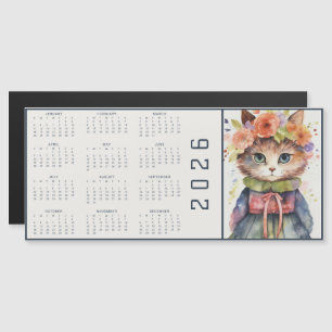 Carte Magnétique Calendrier Abstrait Aquarelle Chat Vêtu de Floraux