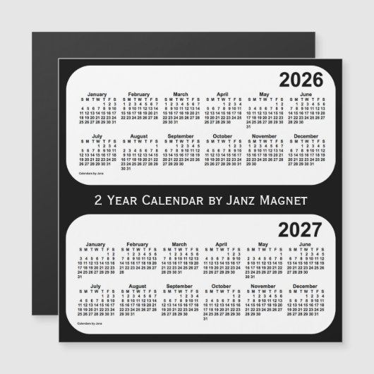 Carte Magnétique Calendrier de 2 ans noir et blanc 2026-2027 par Ja (Devant / Derrière)