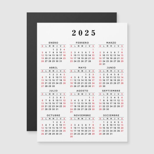 Carte Magnétique Calendrier Espagnol 2025 Rouge noir blanc (Devant / Derrière)