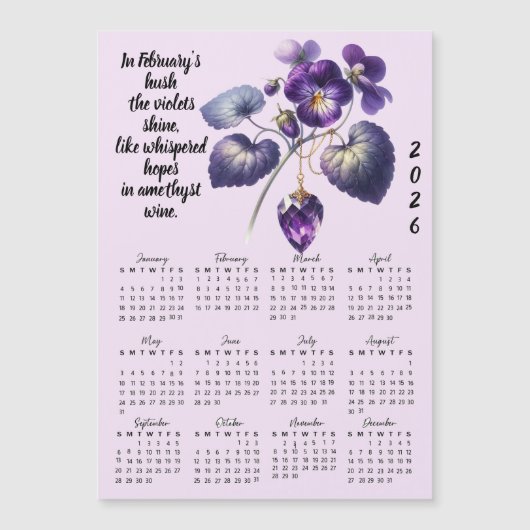 Carte Magnétique Calendrier Fleur et Améthyste de Février (Devant)