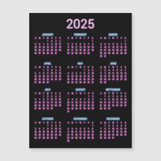 Carte Magnétique Calendrier Neon 2025 (Devant)
