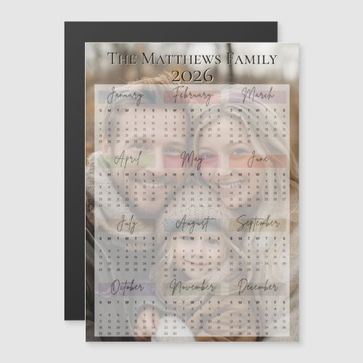Carte Magnétique Calendrier photo moderne des vacances 2026 Sleek (Devant / Derrière)