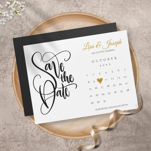 Carte Magnétique Calendrier Script Gold Heart Wedding Enregistrer l