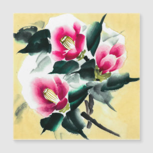Carte Magnétique Camellia dans la neige peinte en technique sumie