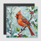 Carte Magnétique Cardinal de Noël sur une branche de houx (Devant / Derrière)