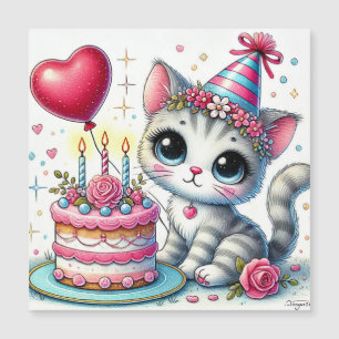 Carte Magnétique Chat adorable célébrant son anniversaire avec un g