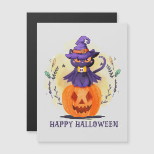 Carte Magnétique Chat en sorcière violette sur Citrouille - Hallowe
