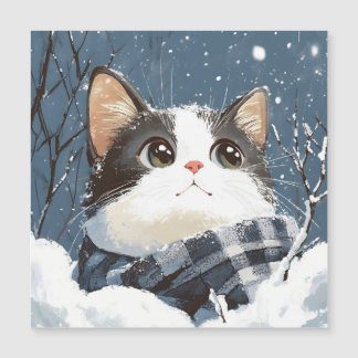 Carte Magnétique Chat mignon pelucheux neige d'hiver