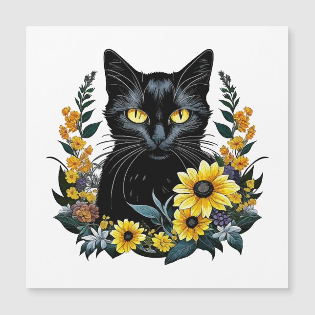 Carte Magnétique chat noir avec des fleurs (Devant)