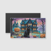 Carte Magnétique Chat noir cool, Jack O Lanterns, Maison Éffrayante (Devant / Derrière)