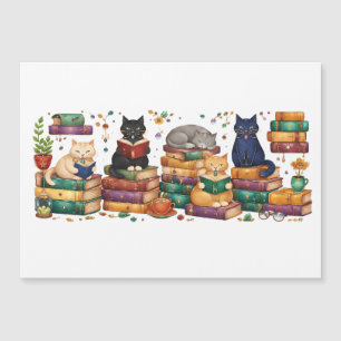 Carte Magnétique Chats lisant des livres Scène de bibliothèque cosy