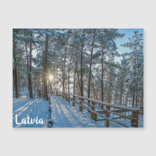 Carte Magnétique Chemin en bois sur la forêt d'hiver enneigée