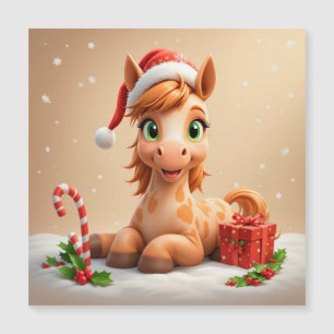 Carte Magnétique Cheval de dessin animé de Noël avec chapeau de Pèr