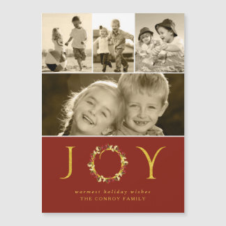 Carte Magnétique Chic Christmas Joy Floral Wreath Red Gold Collage