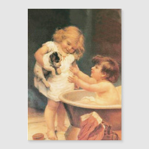 Carte Magnétique Chien de manchon prenant un bain, vintage, antique