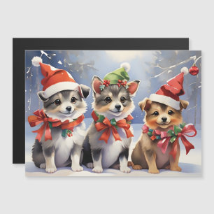 Carte Magnétique Chiots de Noël mignons avec des chapeaux de Père N