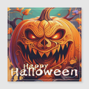 Carte Magnétique Citrouille orange effrayante avec visage, Hallowee
