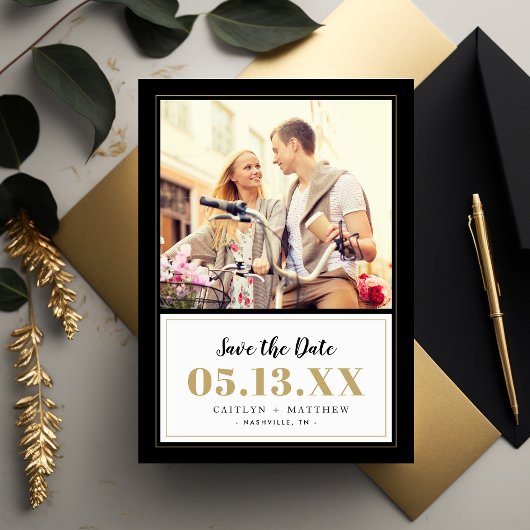 Carte Magnétique Classy Black and Gold Photo Enregistrer la date