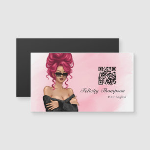 Carte Magnétique Code QR Chic Pink Hair Stylist