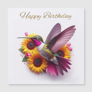 Carte Magnétique Colibri volant avec des fleurs Joyeux Anniversaire